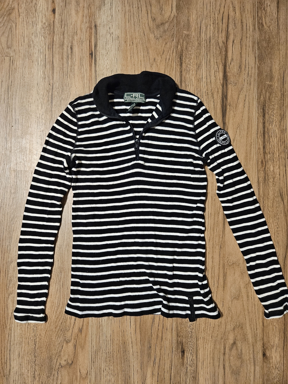 Ralph Lauren Black & White Striped Women's Quarter-Zip Sweater Top
